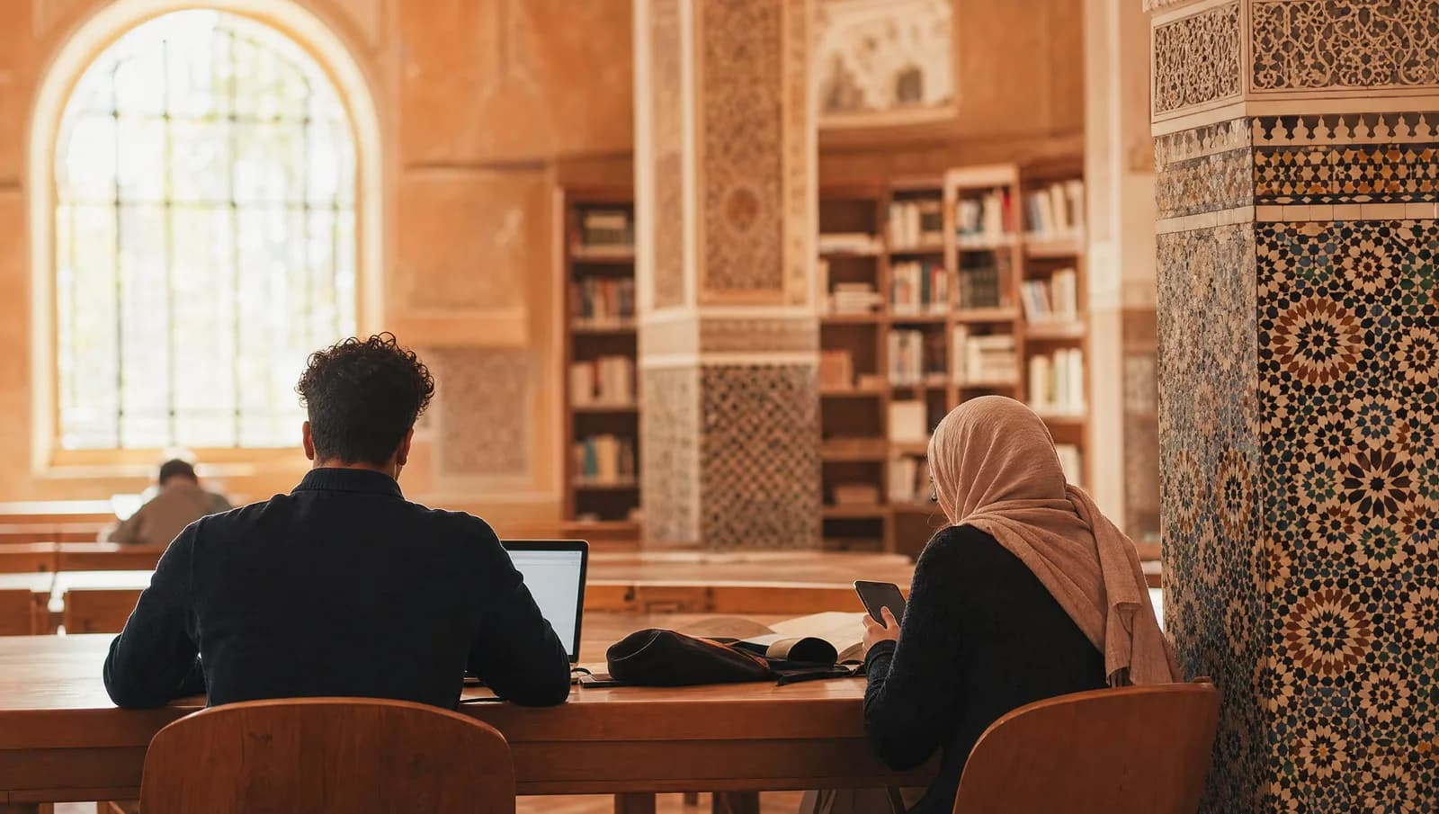 طالبان يدرسان بهدوء في مكتبة مغربية بزخارف الزليج، أحدهما يستعمل حاسوبًا والآخر هاتفًا