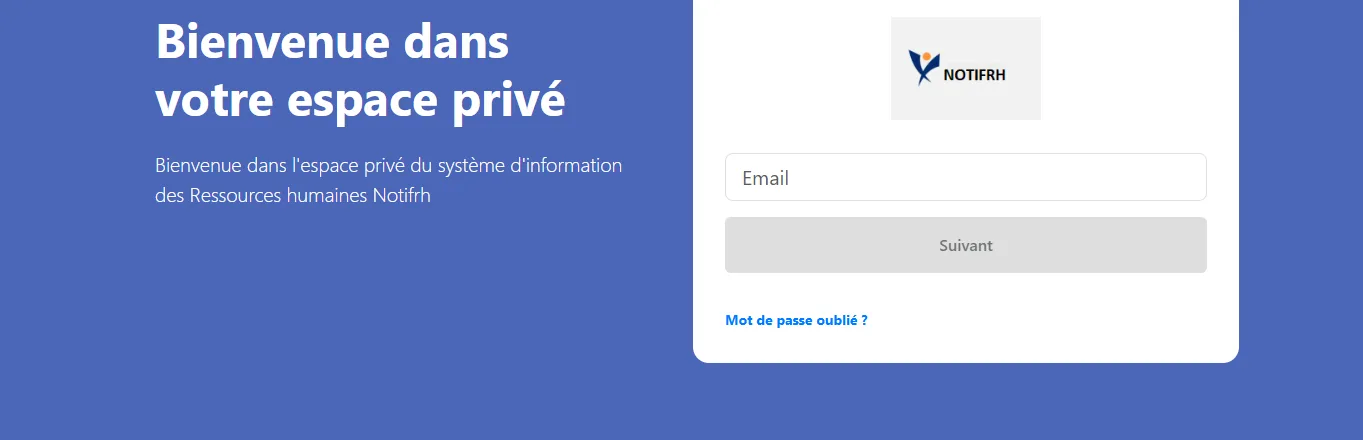 شاشة الدخول إلى خدمة تبليغ NOTIFRH: شعار NOTIFRH وخانة البريد الإلكتروني وزر «Suivant»